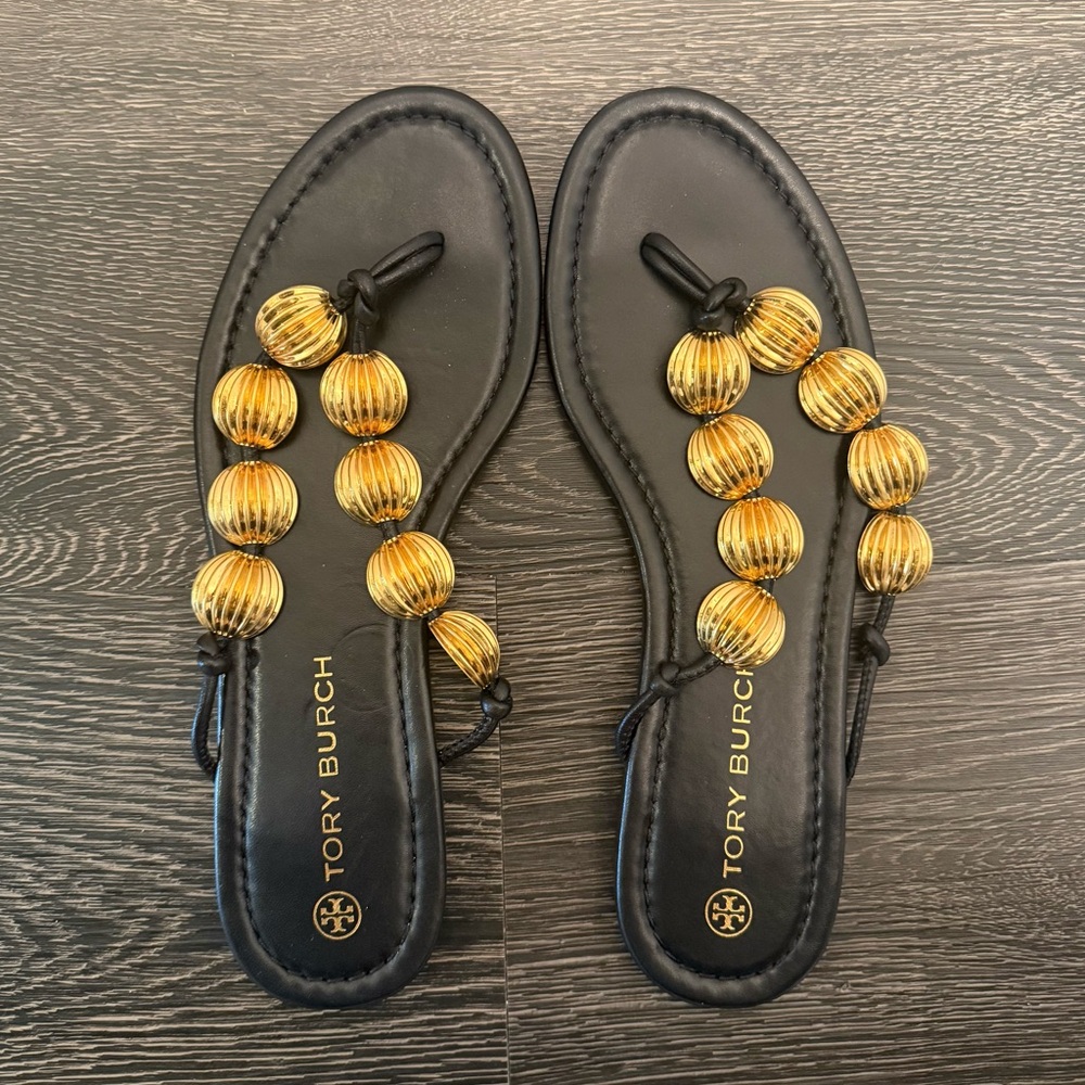 Tory Burch Capri Beaded Black Sandals with Gold Accents - Picture 2 of 7